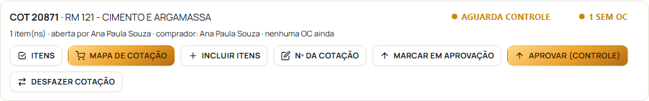 O cartão da cotação com a etiqueta aguarda aprovação do controle e o botão Aprovar (controle)