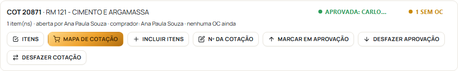 O cartão da cotação com a etiqueta verde aprovada e o nome de quem aprovou