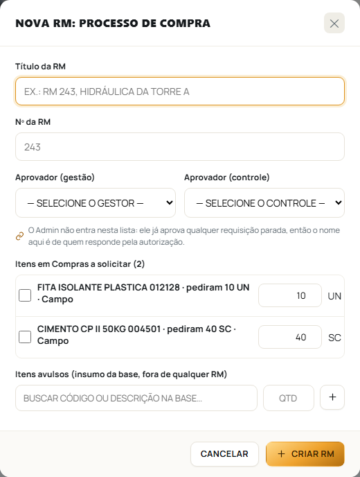 A janela de Nova RM com os campos de aprovador da gestão e do controle e a lista de itens