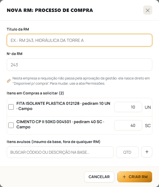 A janela de Nova RM avisando que nesta empresa a requisição nasce direto, sem campo de aprovador