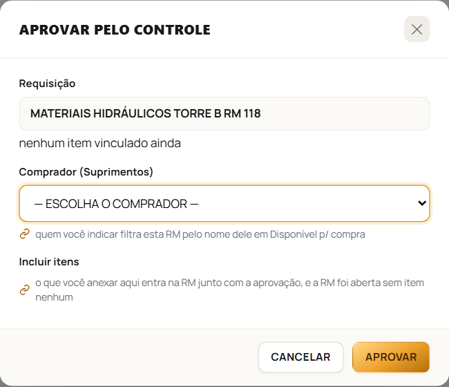 A janela de aprovar pelo Controle, com a conferência dos itens e o campo do comprador