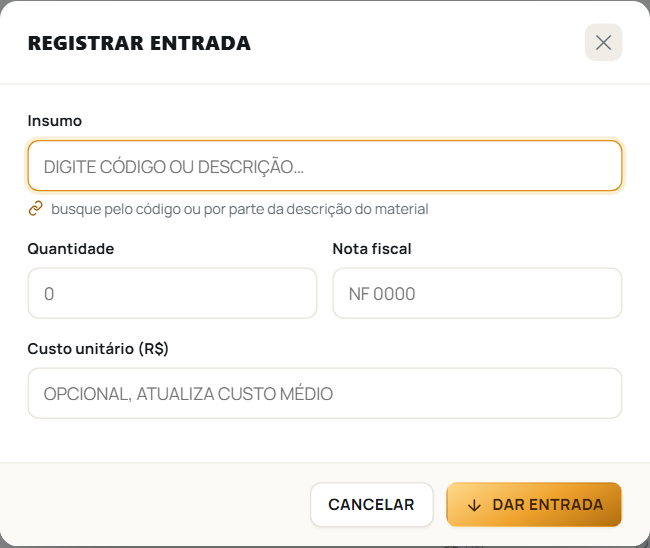 A janela de registrar entrada de material