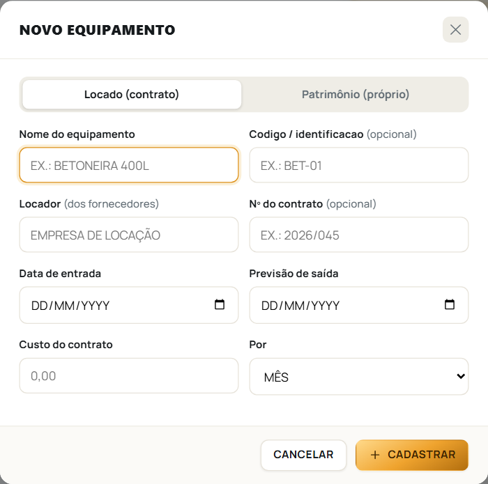 A janela de cadastro do equipamento locado, com contrato e custo