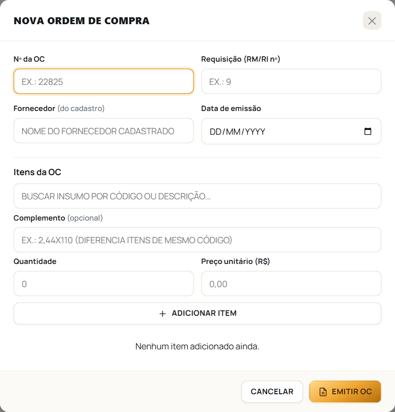 A janela de emitir uma nova ordem, com fornecedor e itens