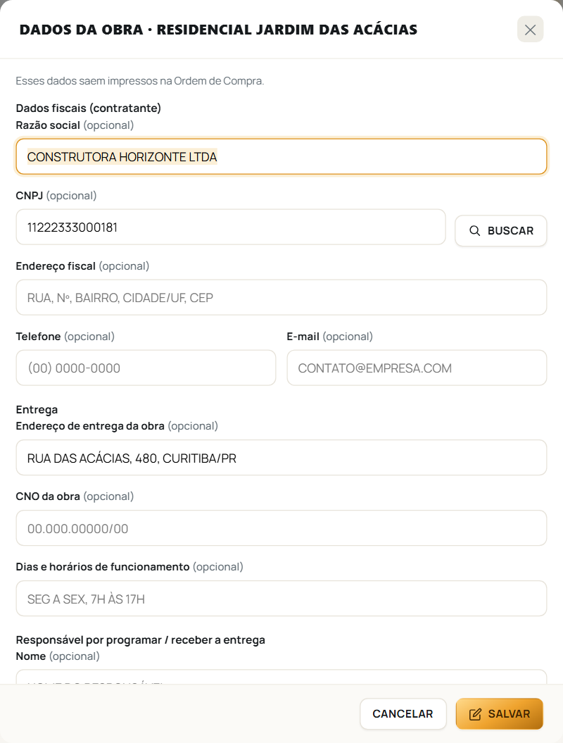 A janela Dados da obra, com os campos que saem impressos na Ordem de Compra