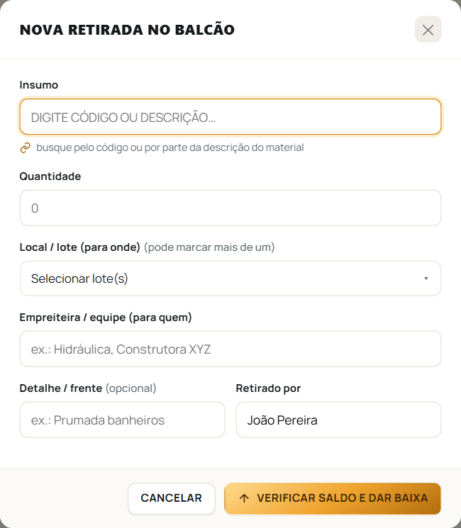A janela de nova retirada no balcão, com o saldo conferido na hora