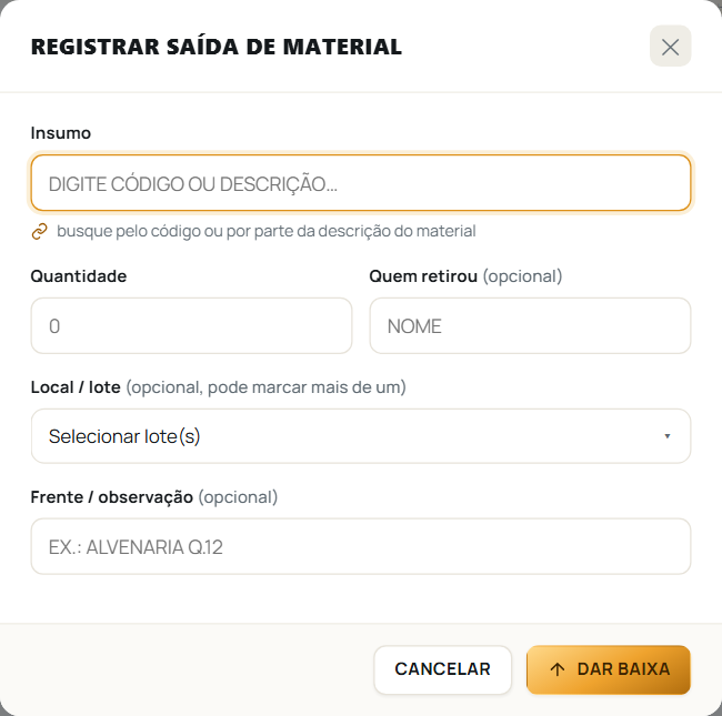 A janela de registrar saída avulsa de material