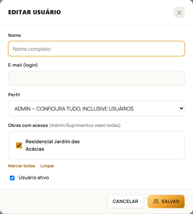 A janela de cadastro de usuário, com papel e obras liberadas