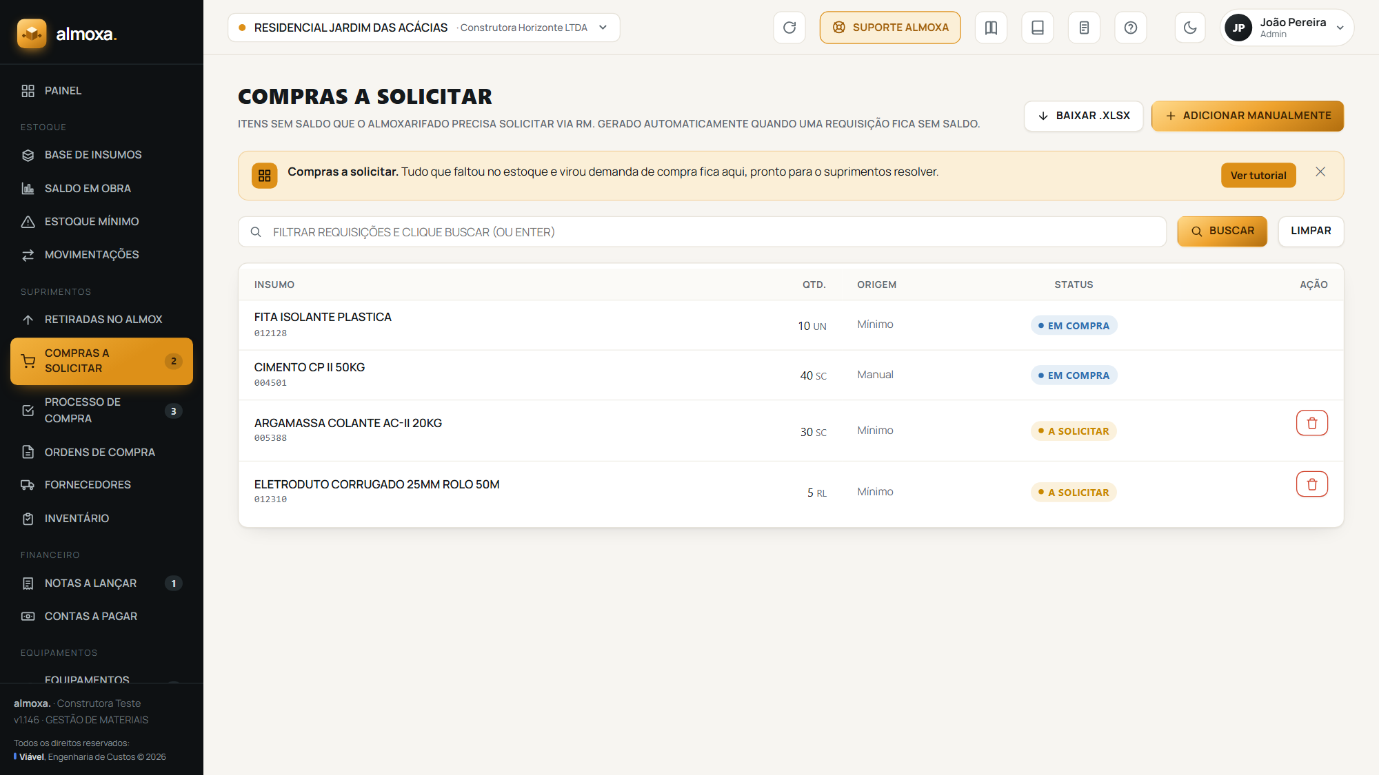A tela Compras a solicitar, a fila única do que falta comprar