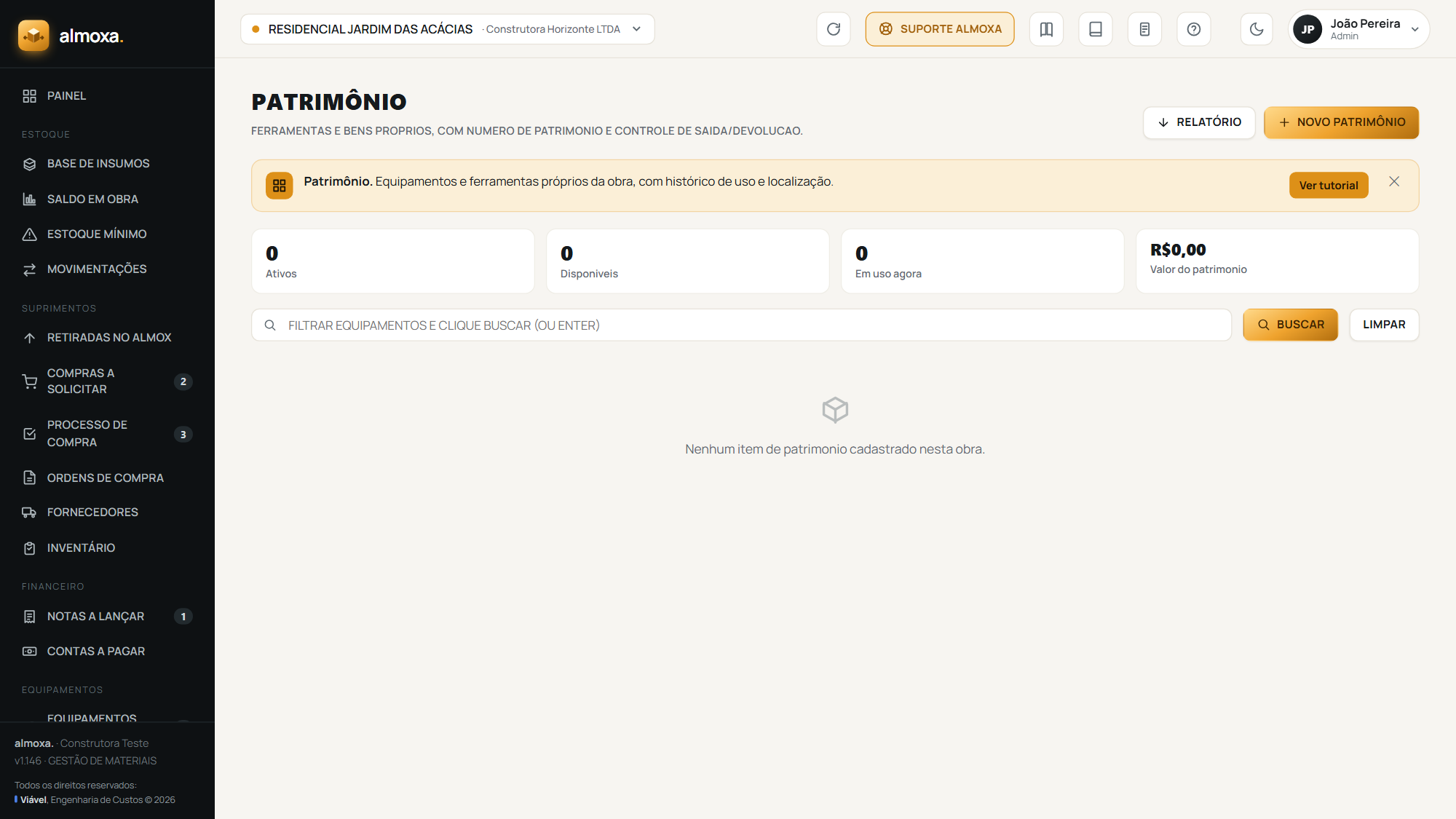 A tela Patrimônio, com os equipamentos próprios da empresa