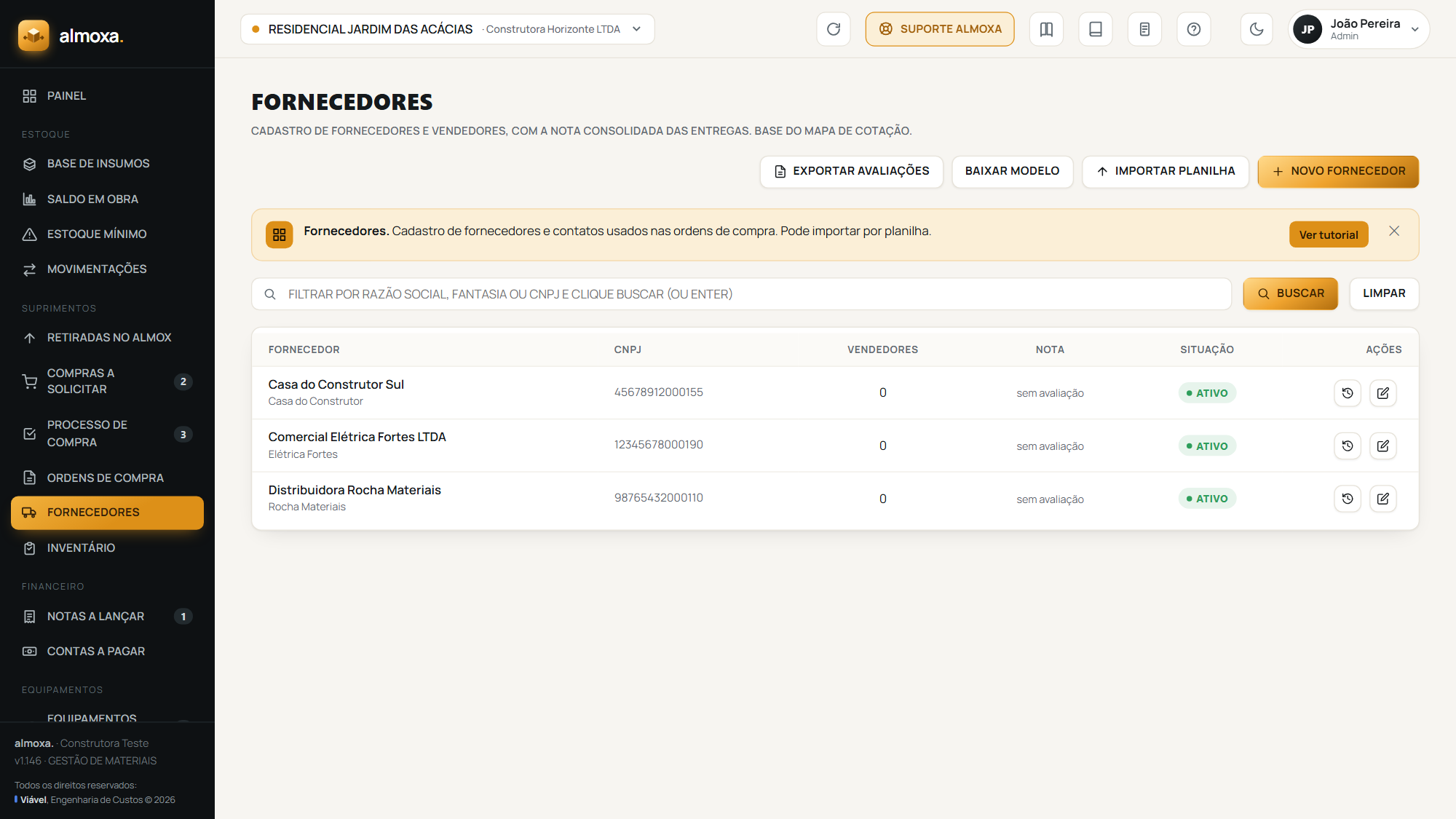 A tela Fornecedores, com o cadastro da empresa