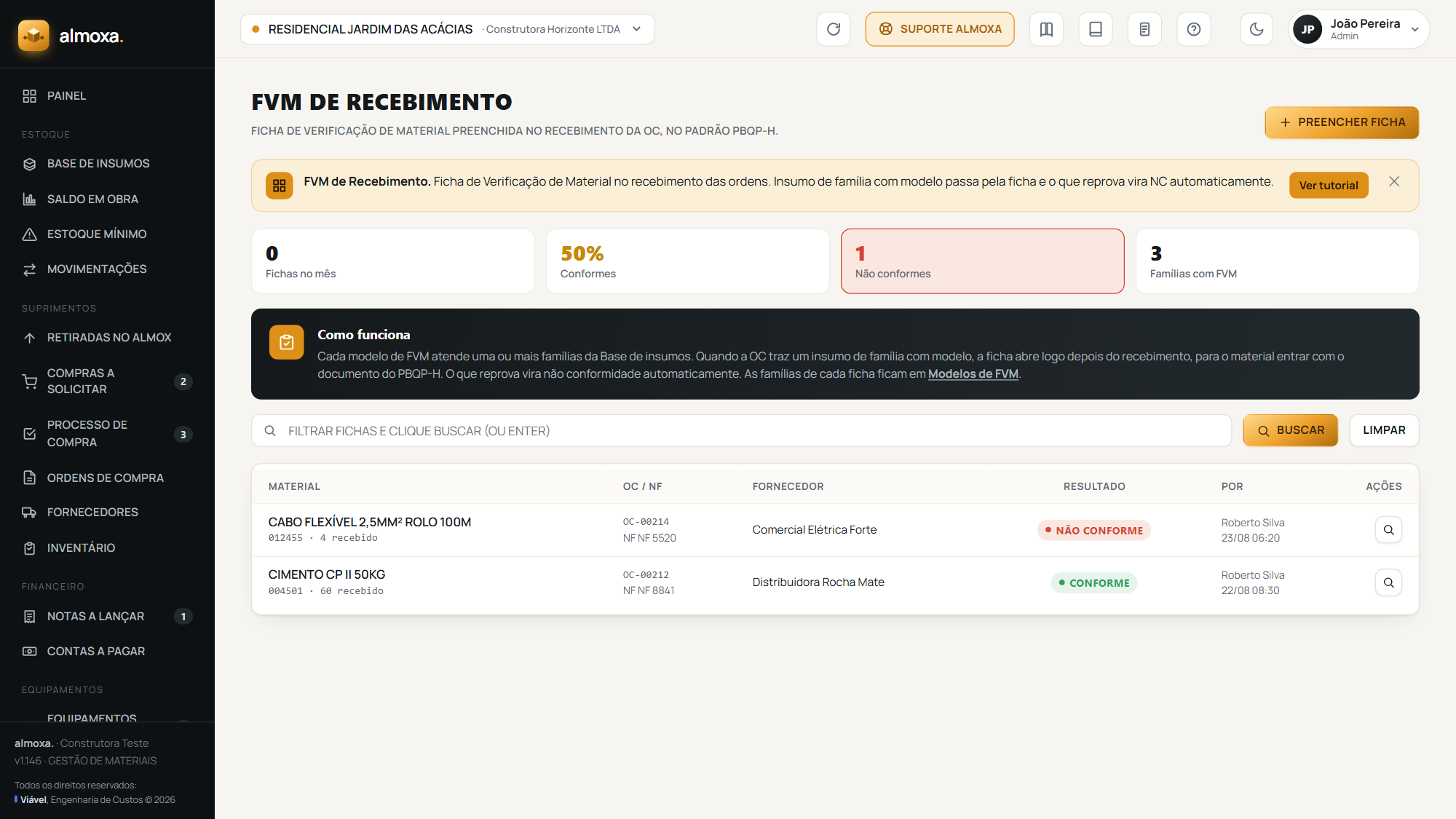 A tela FVM de Recebimento, com as fichas preenchidas e o resultado de cada uma