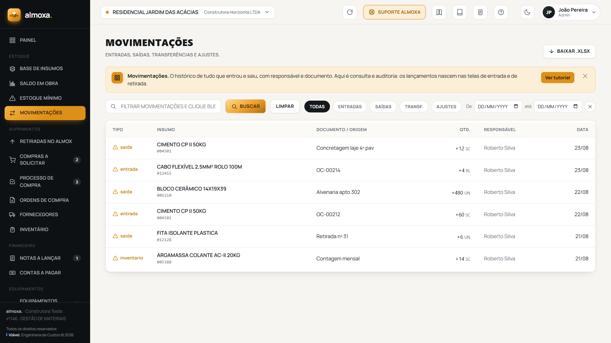 A tela Movimentações, com entradas, saídas e ajustes, cada um com autor e data