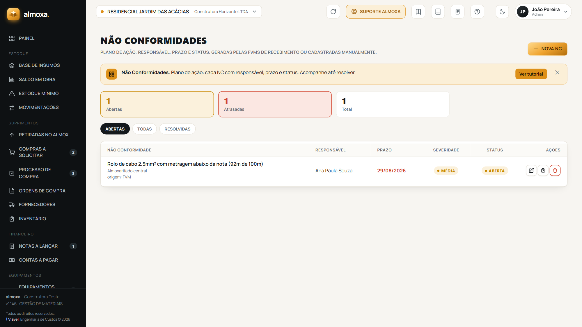 A tela Não Conformidades, com o plano de ação e o prazo