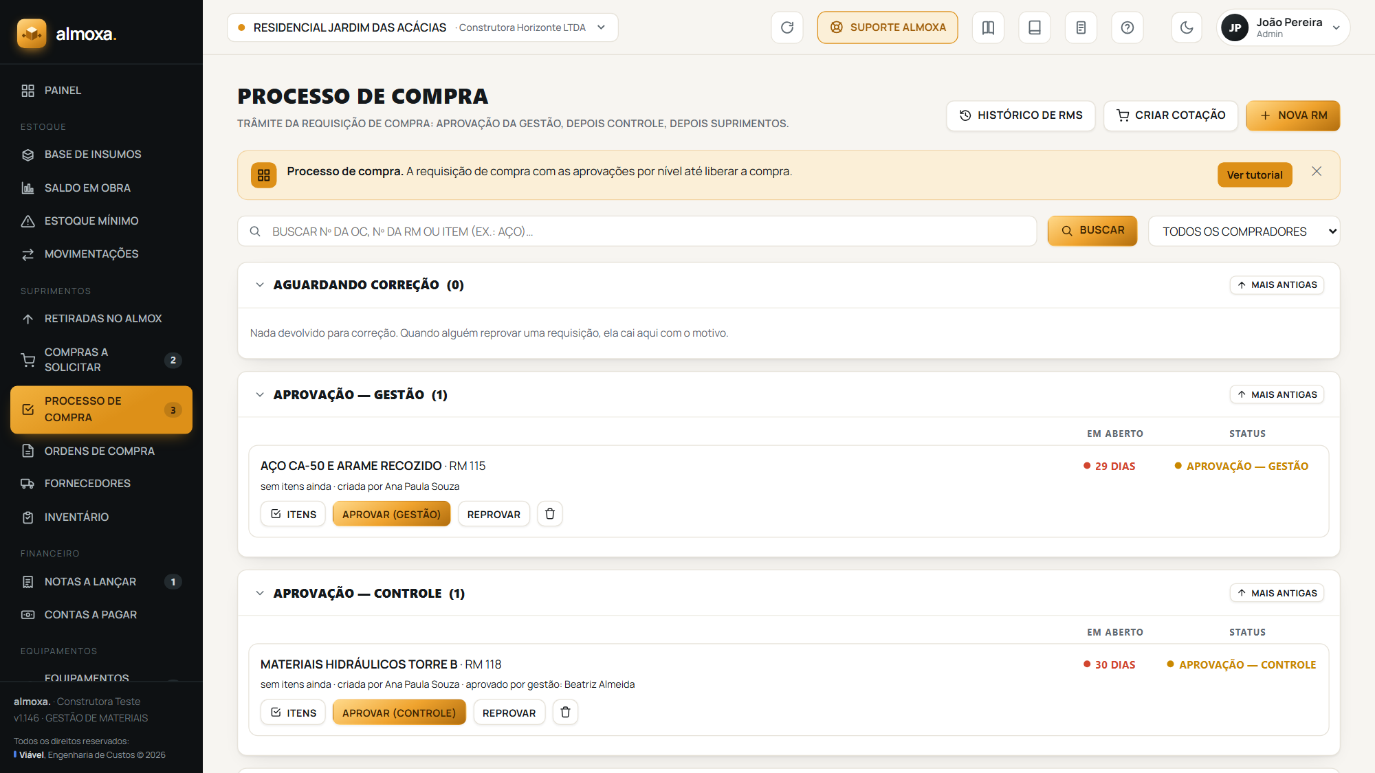 A tela Processo de Compra, com as seções de aprovação, cotação e conclusão